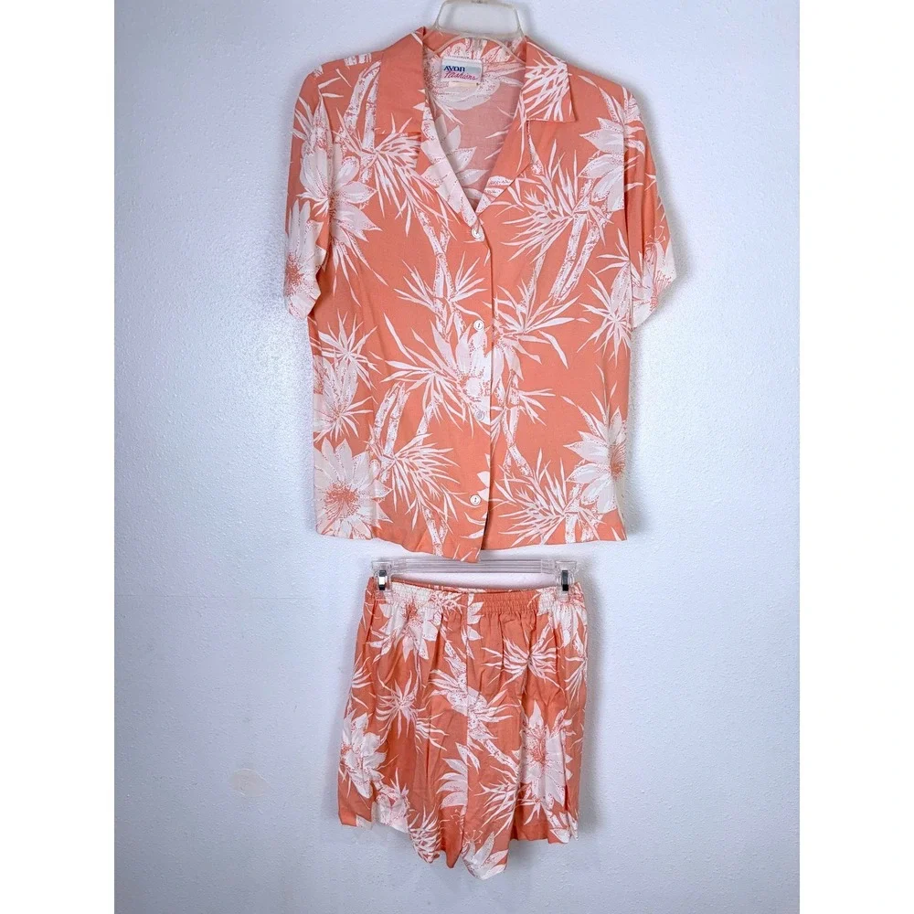 Avon Fashions Rayon Shorts Shirt Set 12 Peach Tropical Floral USA Resort 2 Piece
